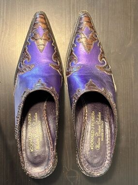 Donald J. Pliner Western Couture Collection Leather Purple Mules with Brown Trim